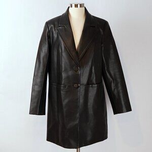 BCBGMaxAzria Vegan Leather Longline Notch Collar Blazer Coat Jacket Black -Large